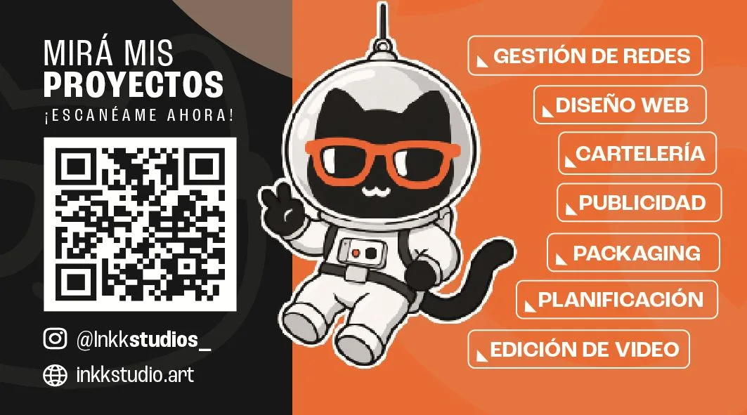 Dorso de la tarjeta de Inkkstudio con la lista de servicios y un código QR